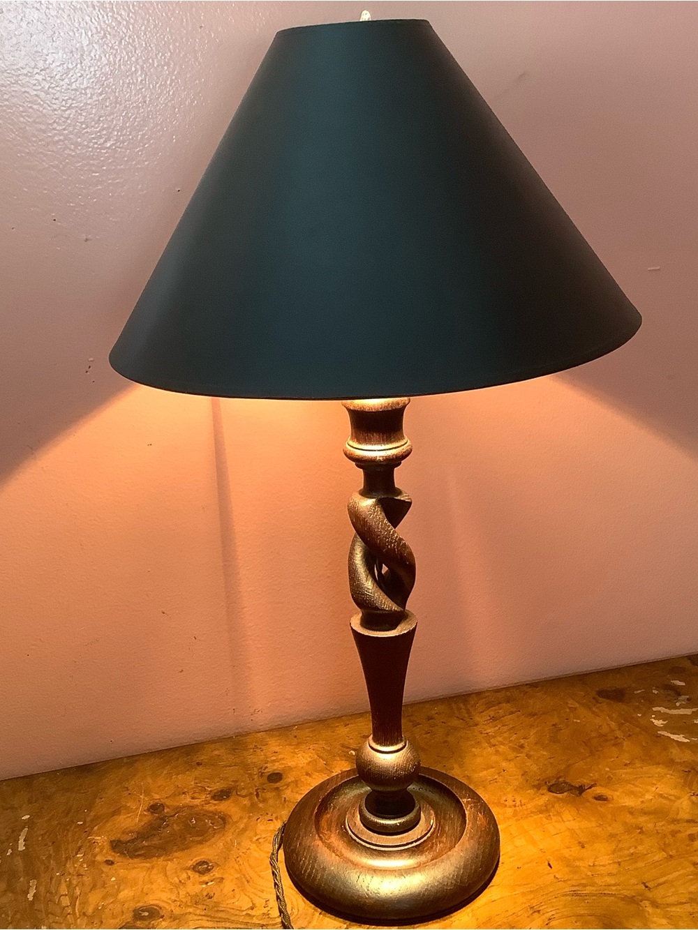 Vintage Carved Wood Barley Open Twist Table Lamps Faux Wax Candle Sleeve, Shade